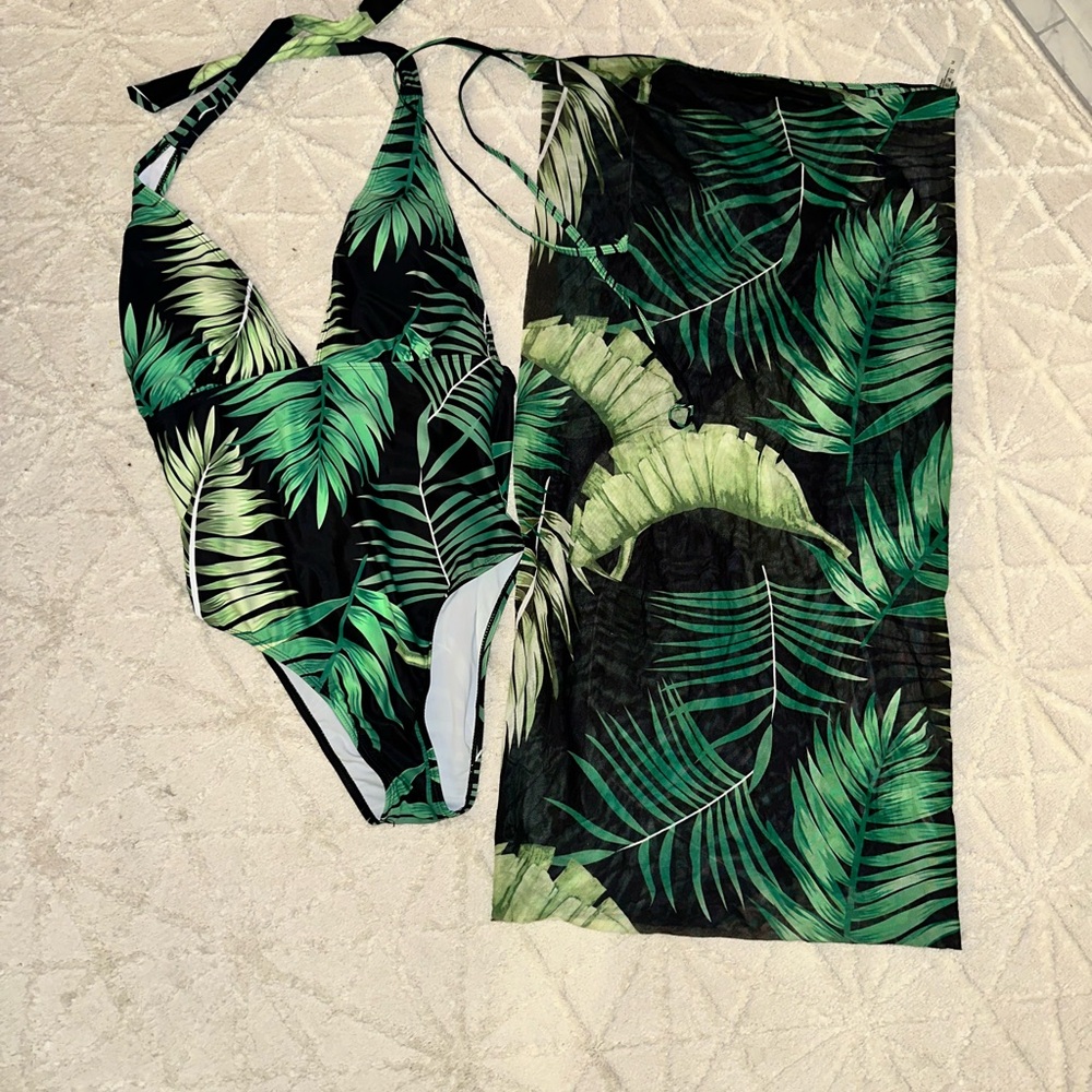 Tropical Halter One-Piece Swimsuit - Black & Green Leaf Print - Picture 4 of 7